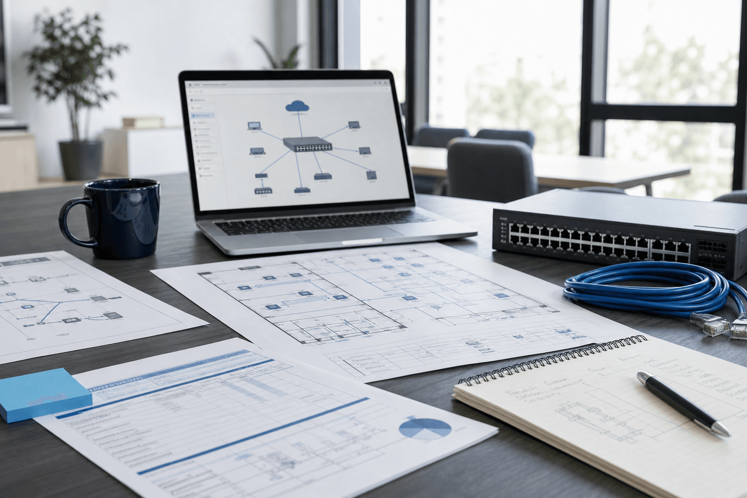 Table de travail avec plans reseau, switch et ordinateur pour preparer un projet PME.