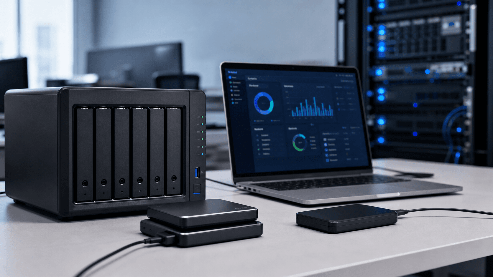 Serveur NAS et stockage de sauvegarde relies a un poste de supervision en entreprise.