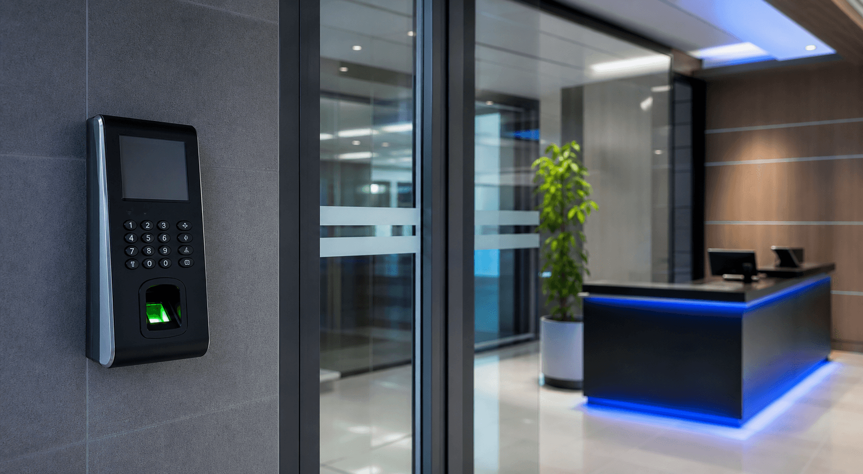 Photo d'un terminal de controle d'acces biometrique installe a l'entree d'un bureau.