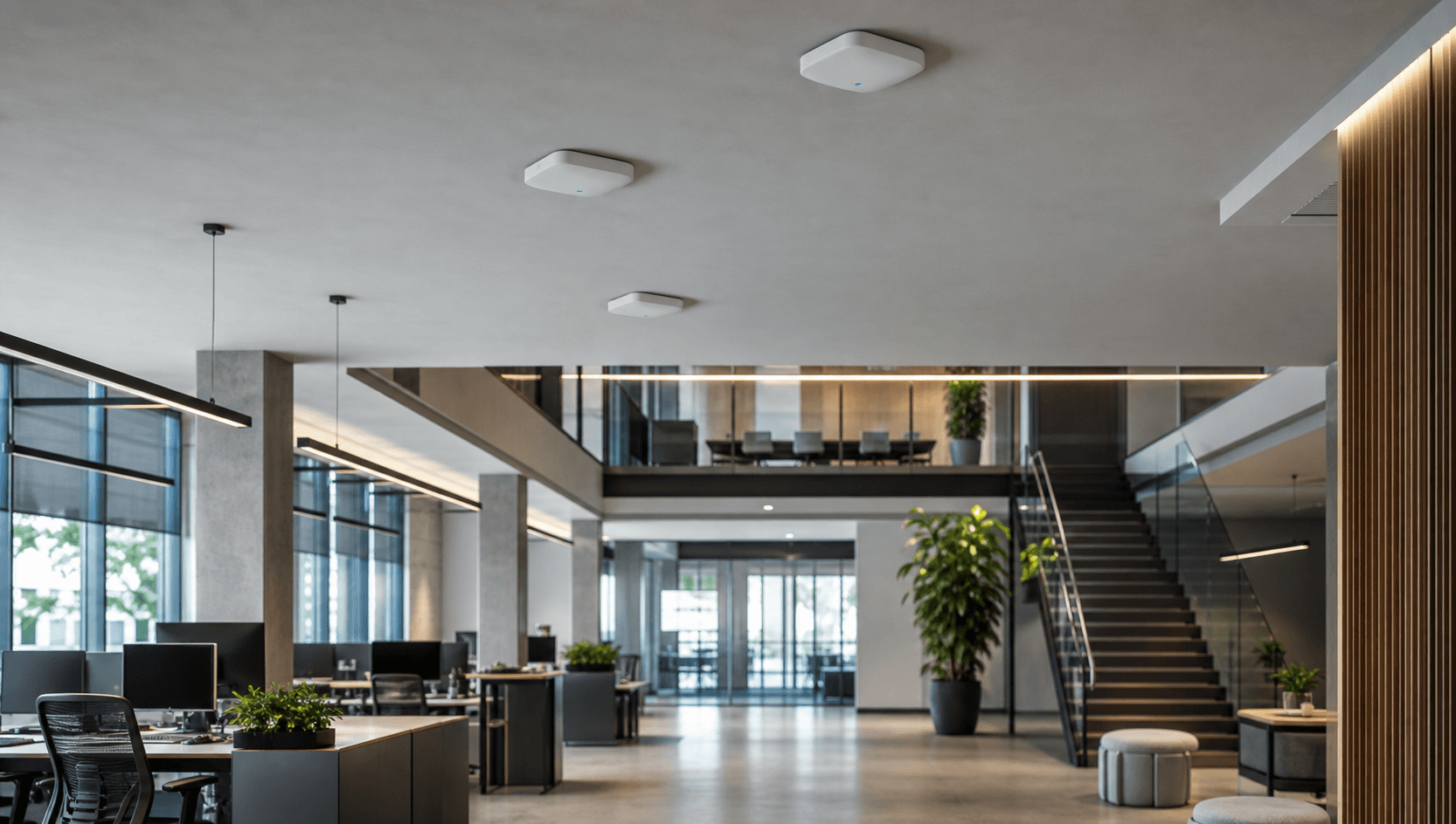 Photo d'une installation Wi-Fi professionnelle avec bornes plafond dans un espace de travail moderne.