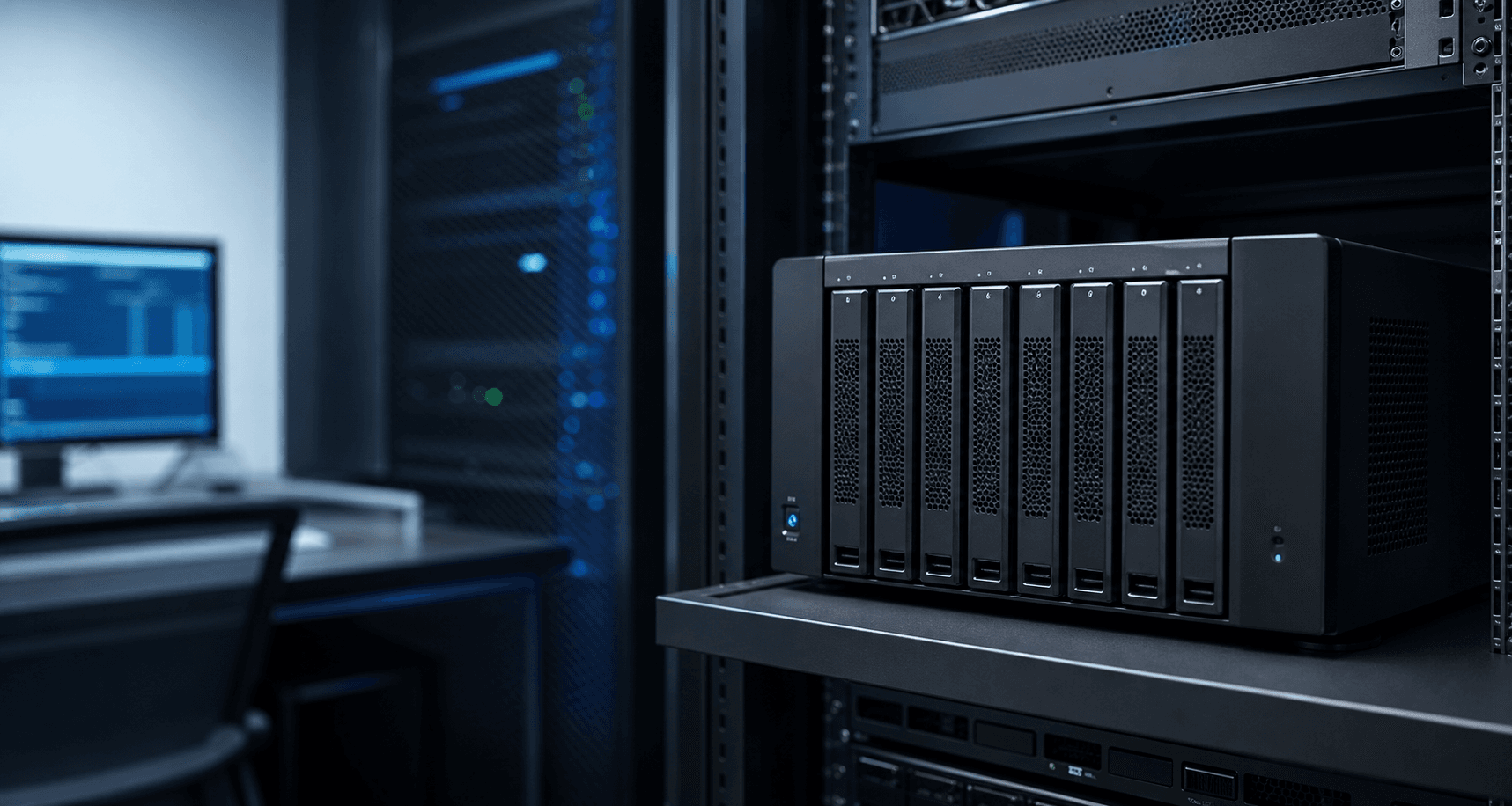 Photo d'un serveur de sauvegarde et stockage en environnement informatique securise.