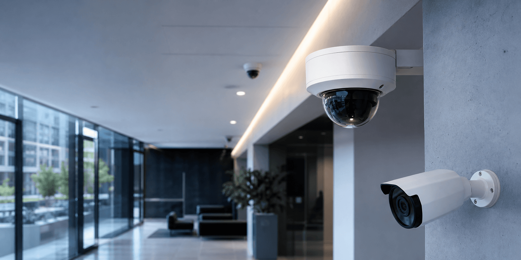 Photo d'un systeme de videosurveillance professionnel avec cameras installees dans un espace d'entreprise.