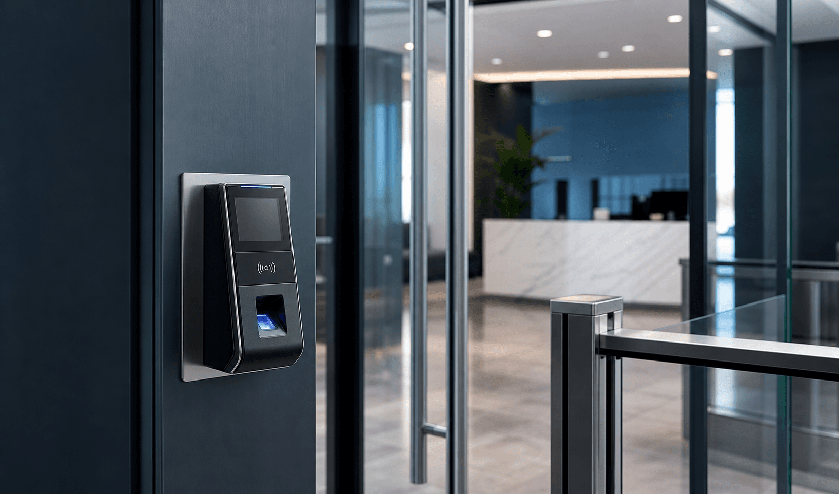 Terminal biometrque et lecteur d'acces installes a l'entree d'un espace professionnel.