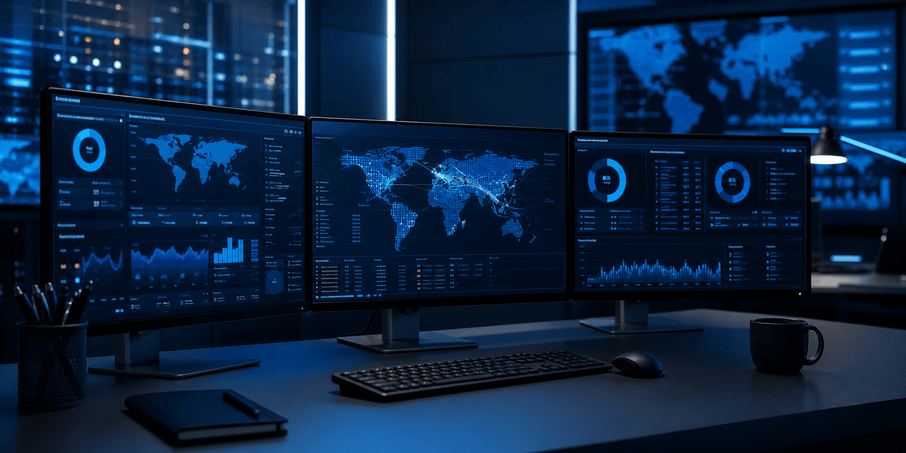 Poste de supervision cybersecurite avec plusieurs ecrans d'analyse et d'alerte.