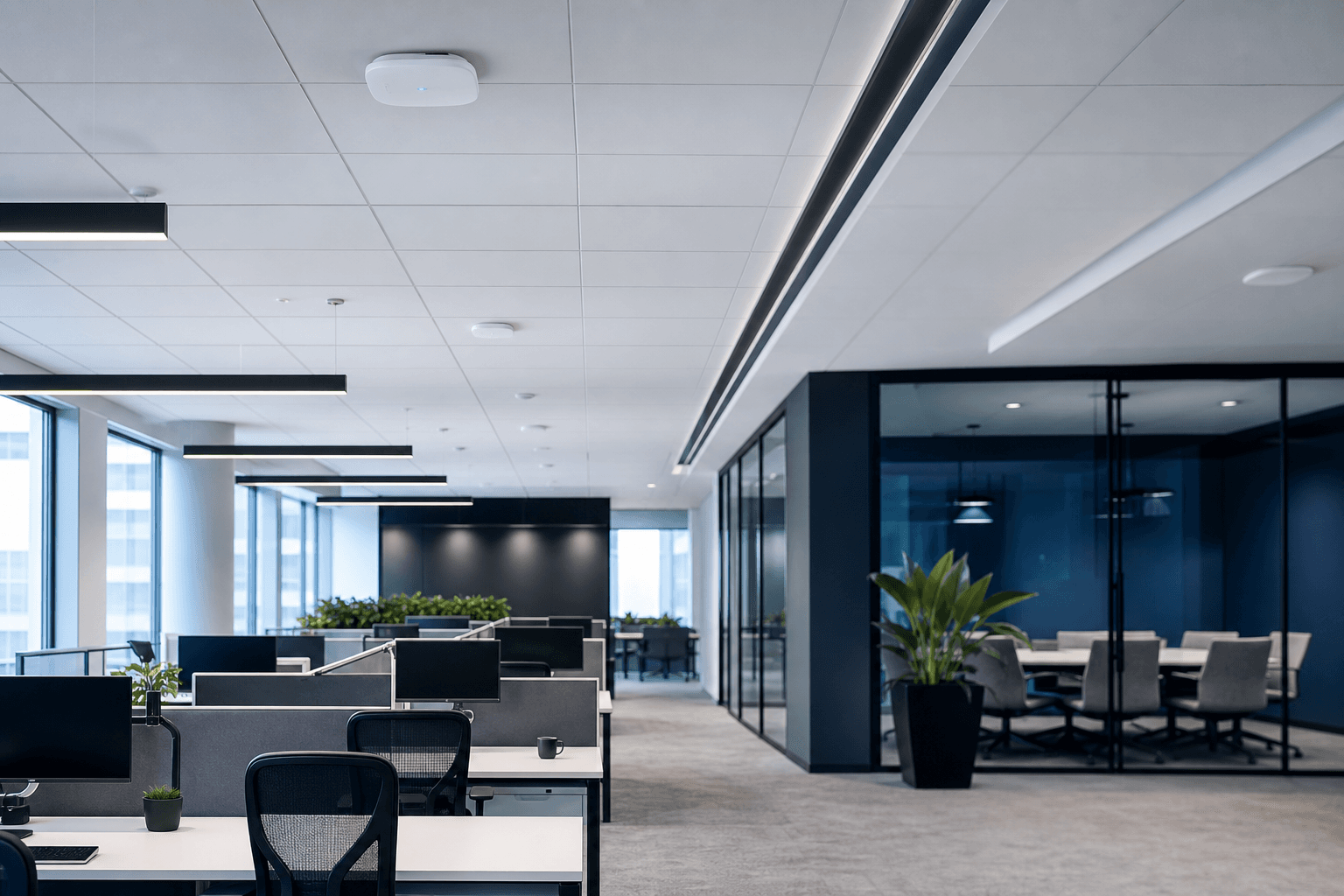 Bureaux professionnels avec points d'acces Wi-Fi installs au plafond dans un environnement moderne.