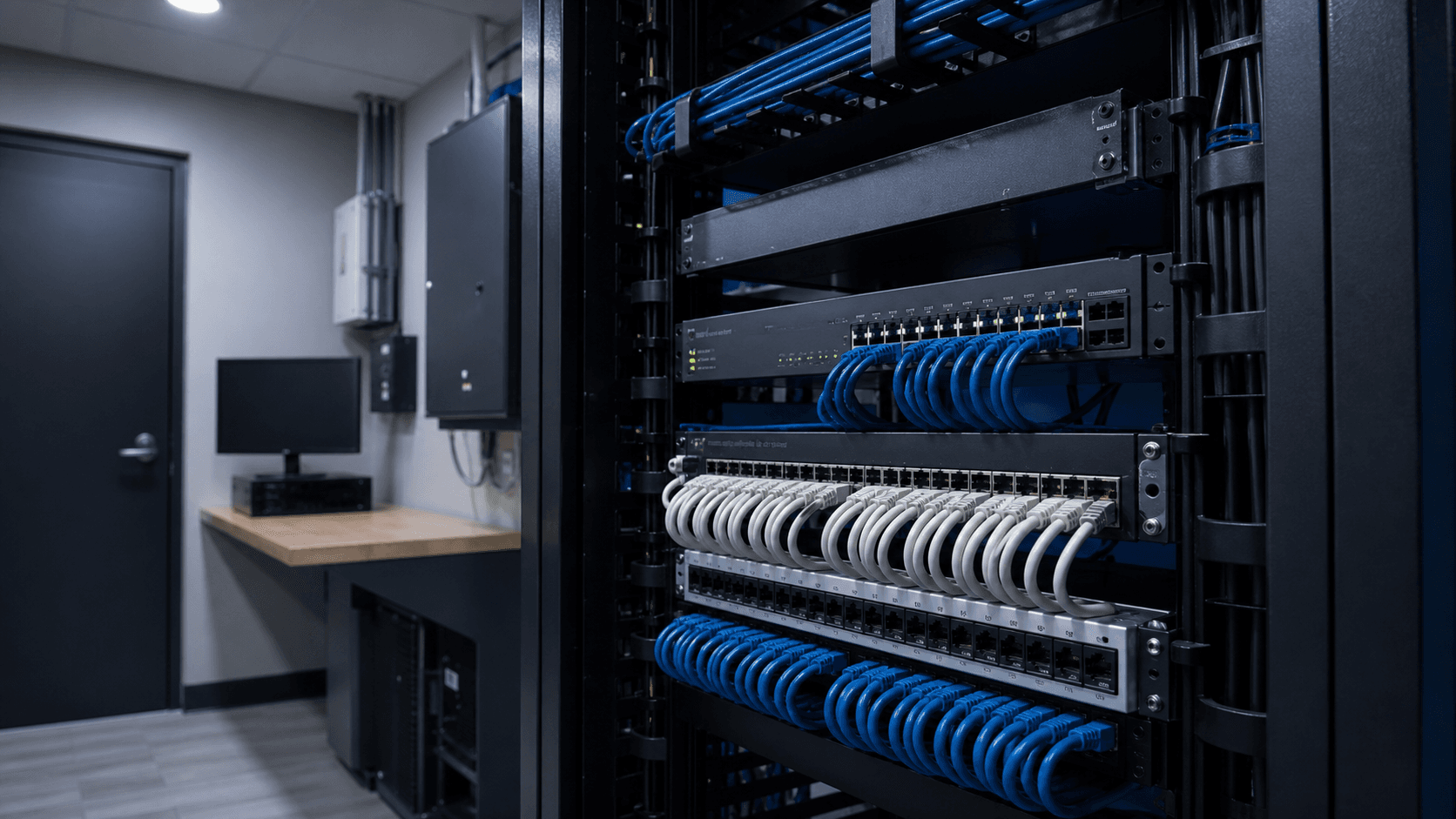 Photo d'une baie reseau PME avec patch panel, switch et cablage structure organise.