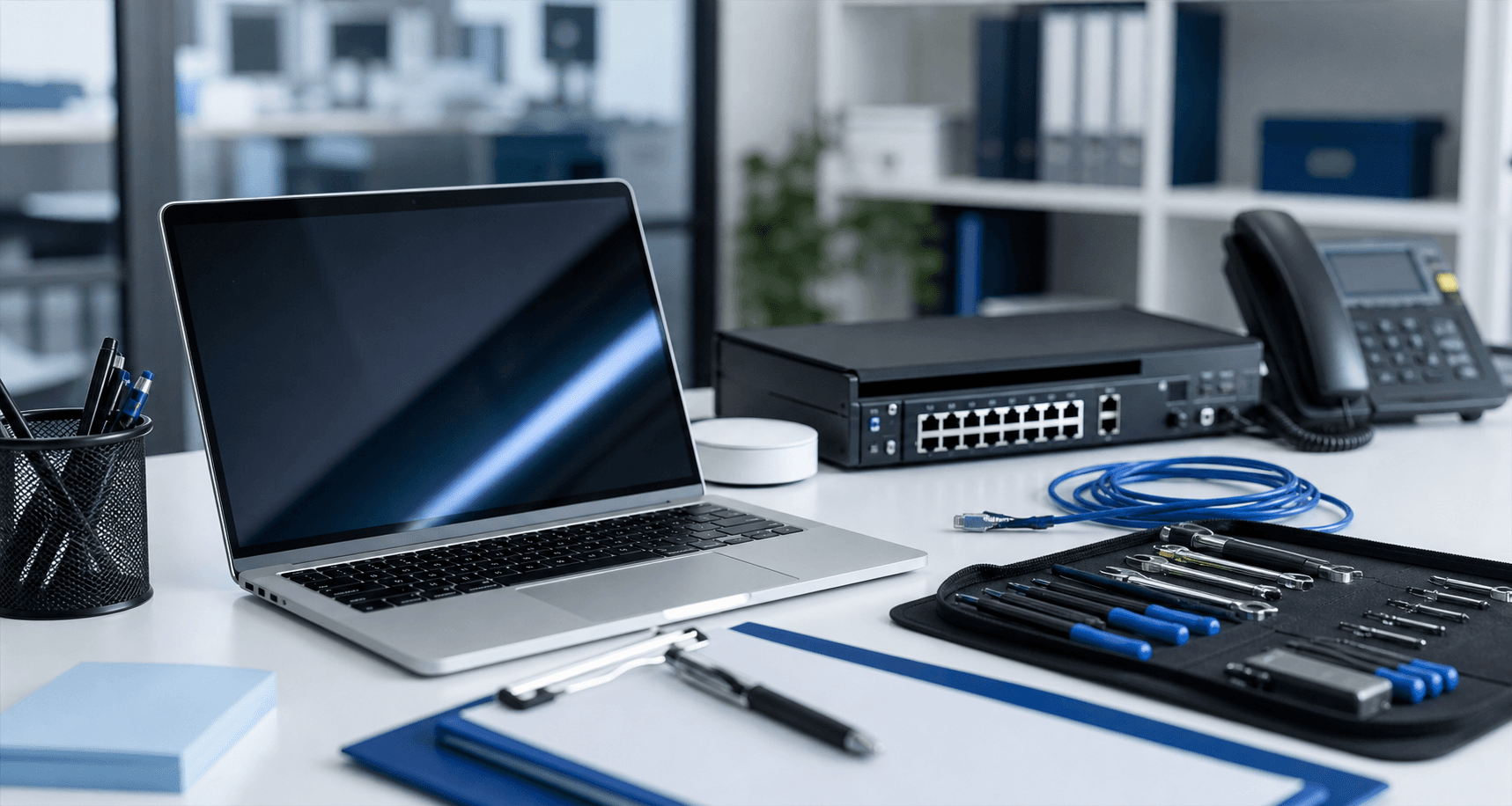 Poste de maintenance informatique avec ordinateur portable, outils et equipement reseau.
